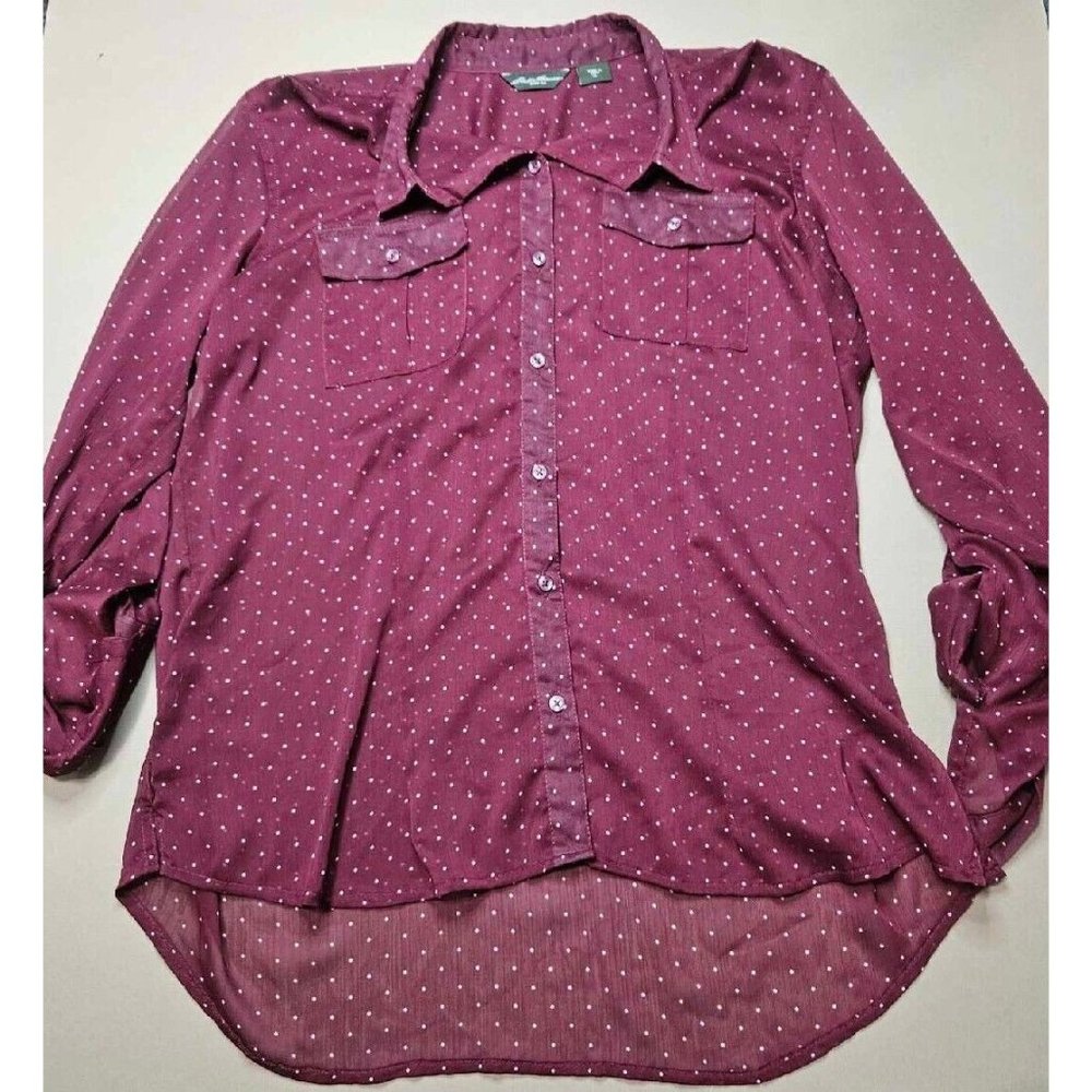 Eddie Bauer Women's Sheer Button Up Burgundy Polka Dot Top SZ XL